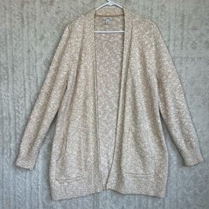 L.L. Bean Marled Tan White Long Open Knit Cardigan Sz XL Side Pockets
